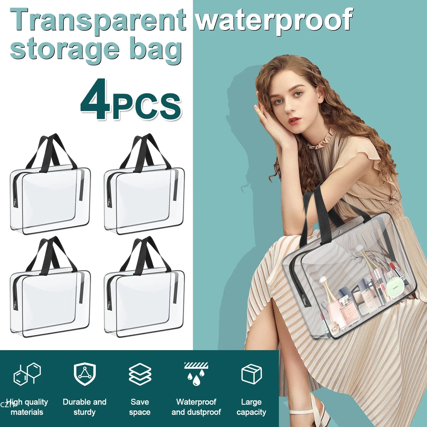 Clear PVC Organizer Bags 4/6 Pcs – Waterproof Zipper Storage