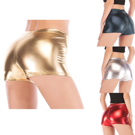 Women Silver Metallic Yoga Shorts Rave Booty Shorts Mid Waist Cheer Shorts PU Shiny Yoga Shorts Femme Peaceful Pleasures Health and Wellness
