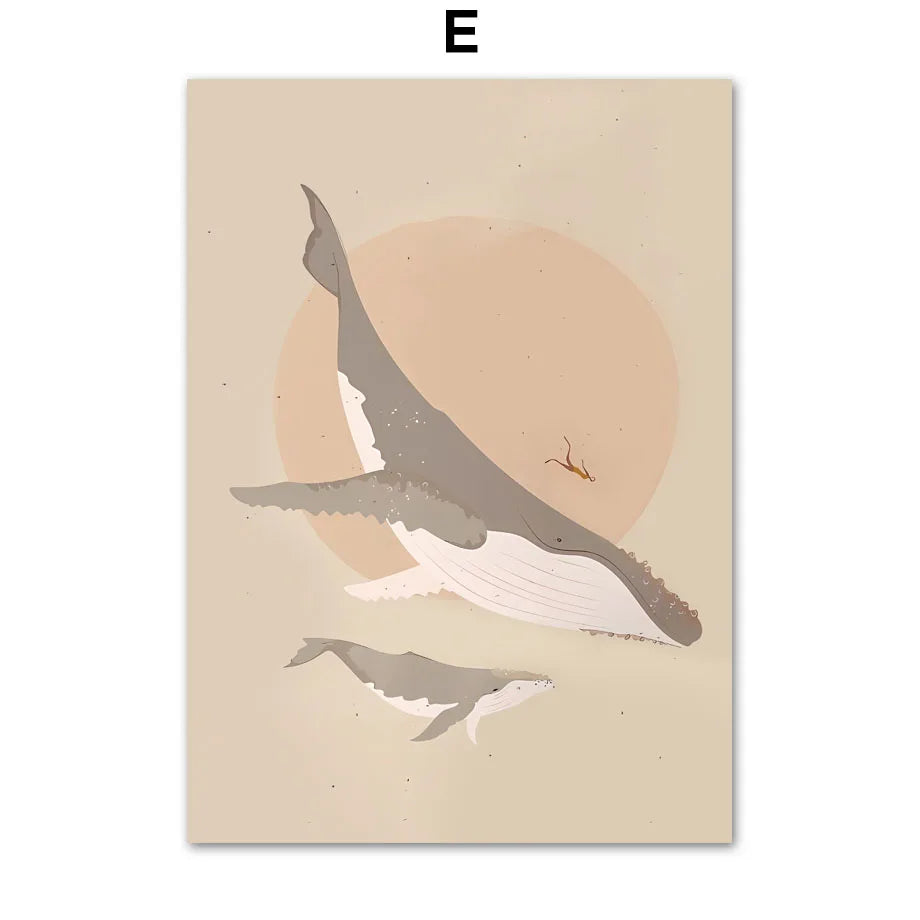 Nordic Summer Beach Canvas Wall Art | Sea, Whale & Sun Print