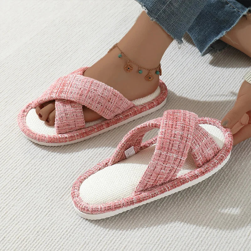 Women's Anti-Slip Cross Strap Flat Slides & Summer Slippers