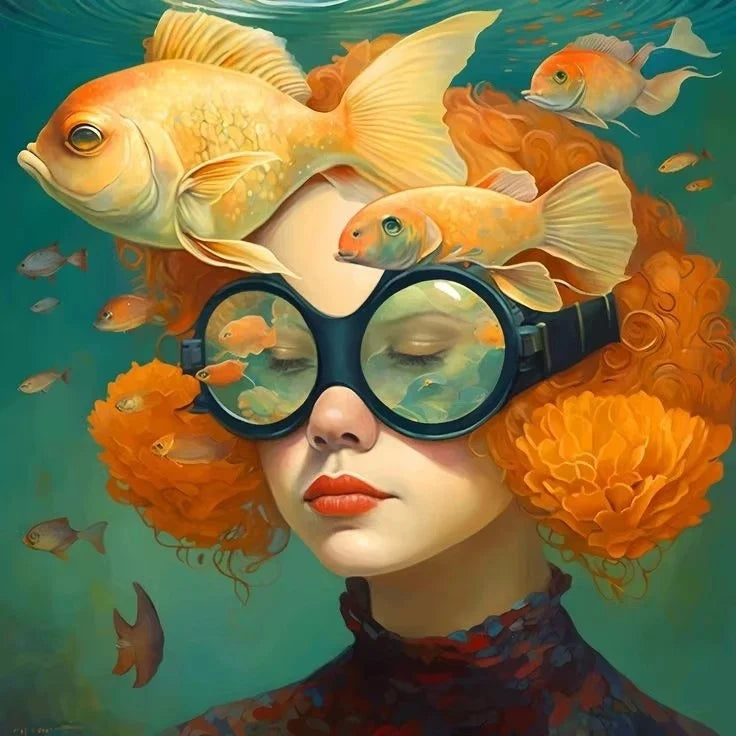 Surrealism Woman & Fish Canvas Wall Art | Fantasy Portrait Print
