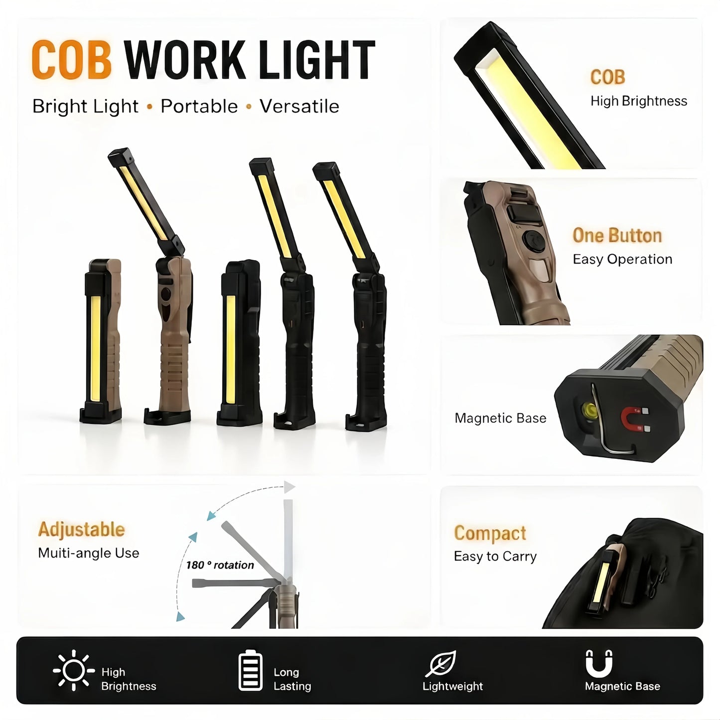 Folding COB XPE LED Work Light – USB Rechargeable & SOS Torch