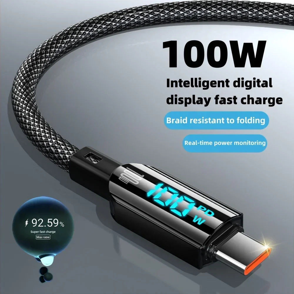 100W USB To Type C Fast Charging Cable LED Digital Display PD Fast Charge Braided Data Cord for iPhone 15 Huawei Xiaomi Peaceful Pleasures Health and Wellness