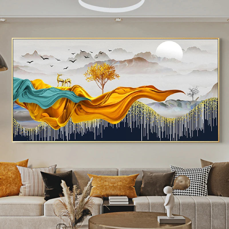 Chinese Feng Shui Golden Rich Tree Canvas Painting Wall Art Deer Landscape Lucky Stone Posters Wall Art for Living Room Decor Peaceful Pleasures Health and Wellness