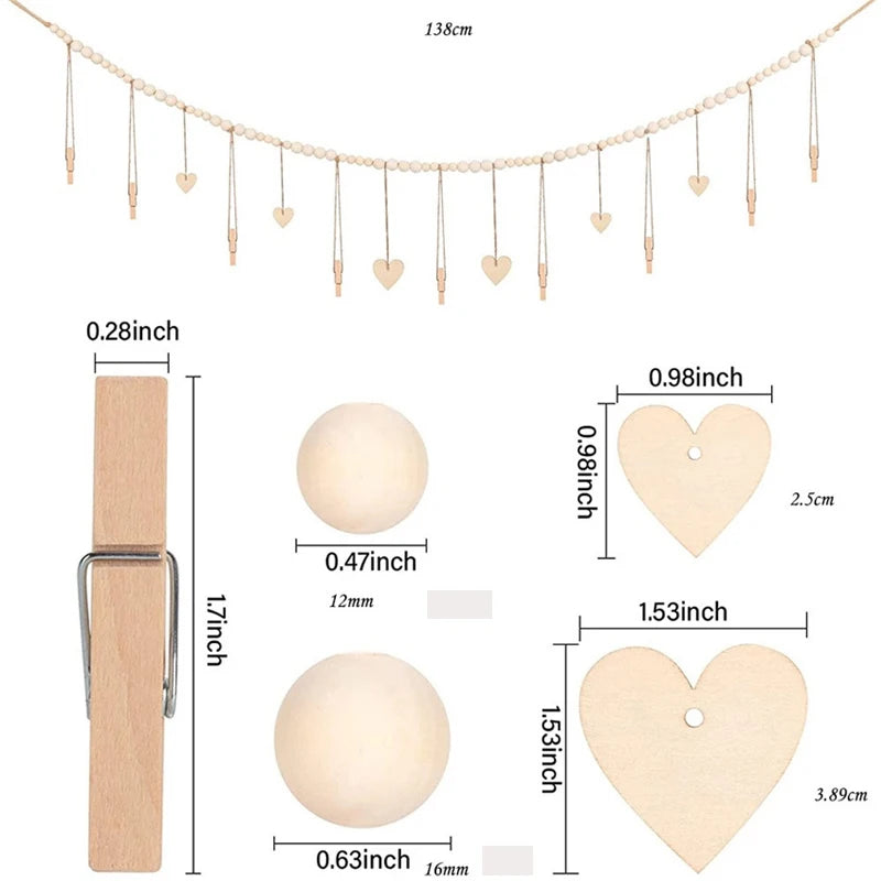 Rustic Boho Hanging Photo Display | Wood Beads, Clips & Tags