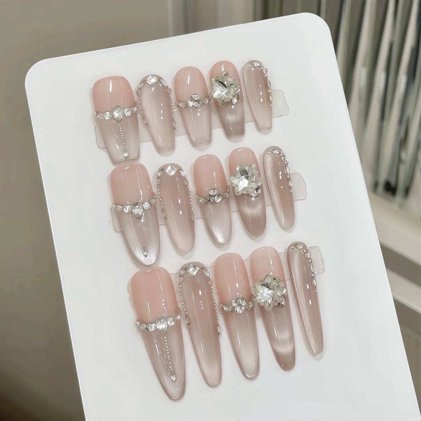 Handmade Korean Cat Eye Press on Nails Shiny Sweet Nude Cat Eye Fake Nails for Women Girl Wearable Rhinestone Decor False Nails Peaceful Pleasures Health and Wellness