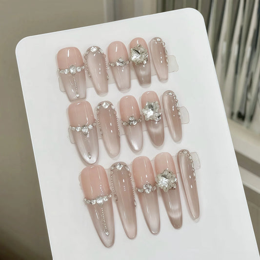 Handmade Korean Cat Eye Press on Nails Shiny Sweet Nude Cat Eye Fake Nails for Women Girl Wearable Rhinestone Decor False Nails Peaceful Pleasures Health and Wellness