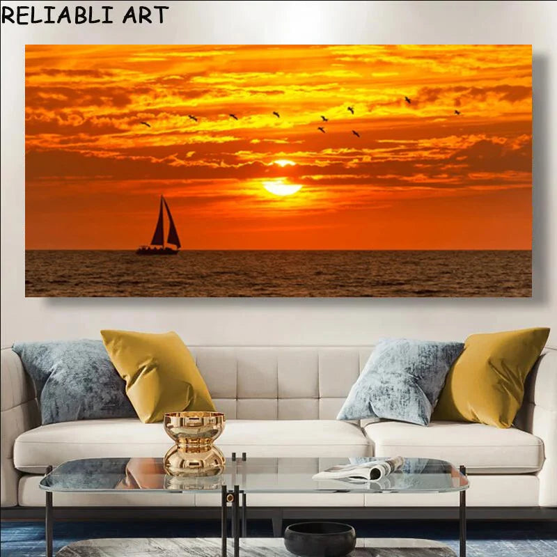 Sunset Beach Large Canvas Wall Art | Landscape Poster No Frame