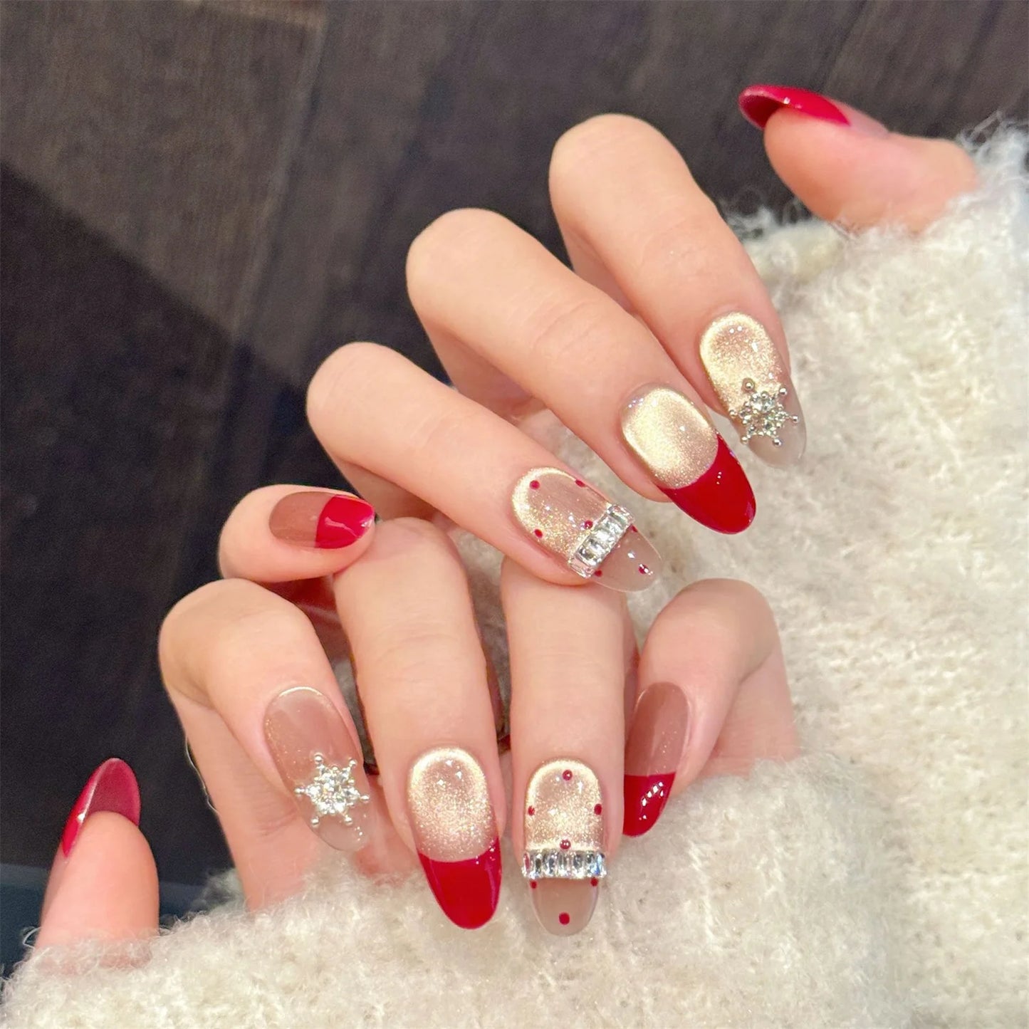 10pcs Handmade Press on Nails Gold Crystal Cat's Eye Fake Nails Wearable Champagne Rhinestone False Nails Elegant Red French Tip Peaceful Pleasures Health and Wellness L