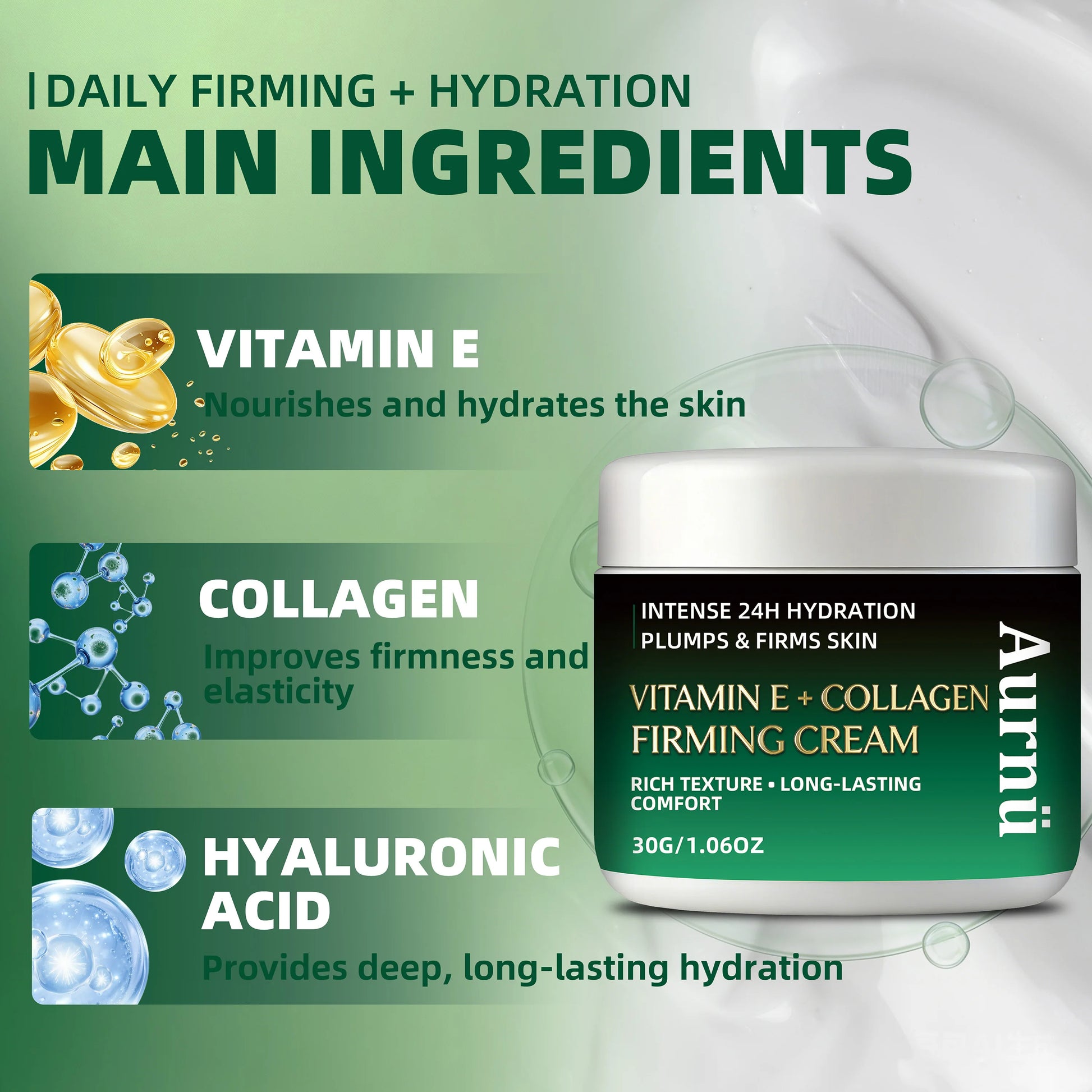 Aurnü VITAMIN E COLLAGEN FIRMING CREAM, Hydrating & tightening formula, long-lasting moisture, Perfect for morning and evening Peaceful Pleasures Health and Wellness