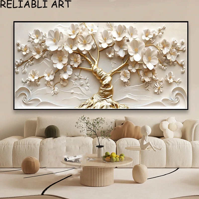 3D Golden White Flower Tree Poster and Prints Light Luxury Canvas Painting Wall Art Pictures for Living Room Home Decor No Frame Peaceful Pleasures Health and Wellness