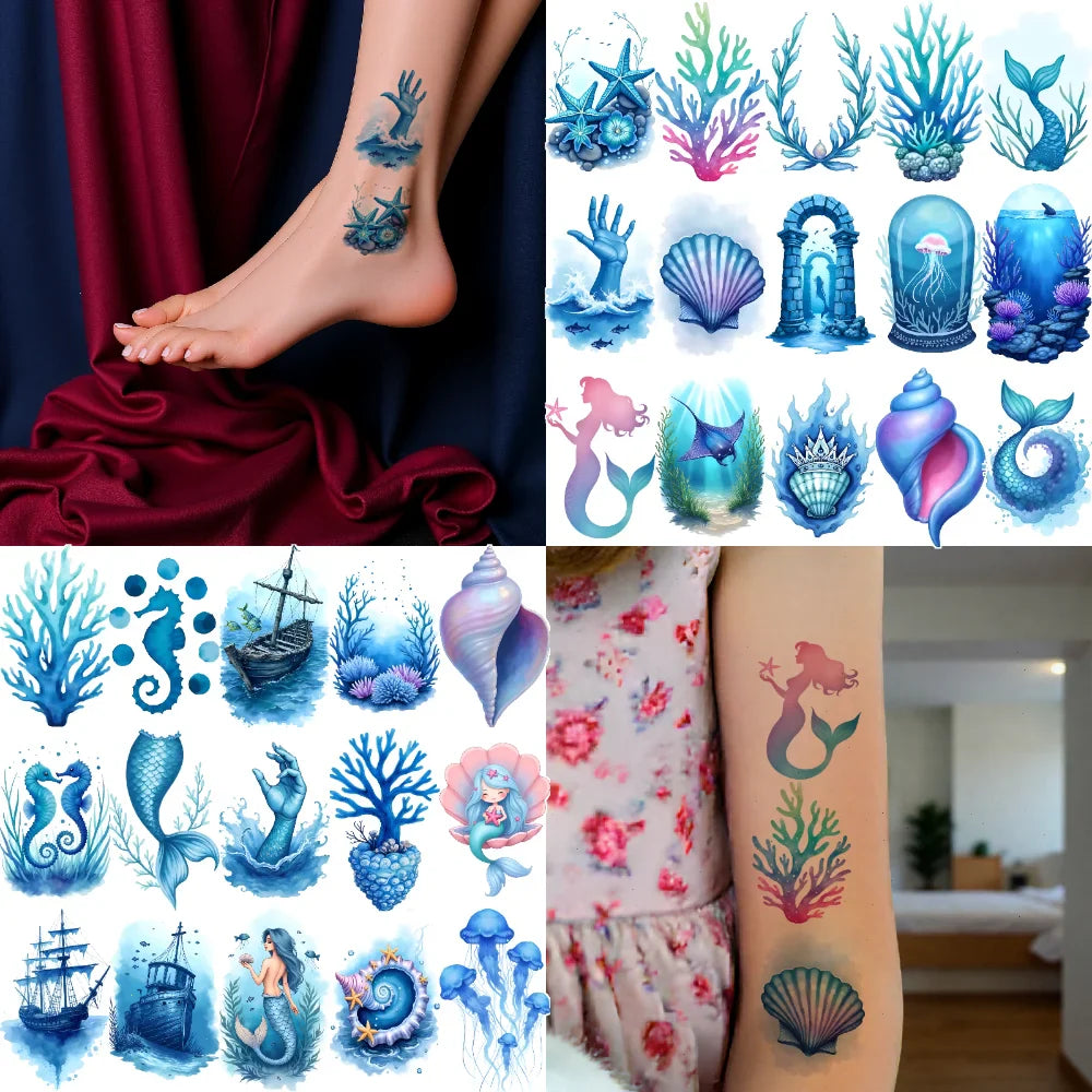 63-Piece Watercolor Ocean Temporary Tattoos – Ships & Seahorses