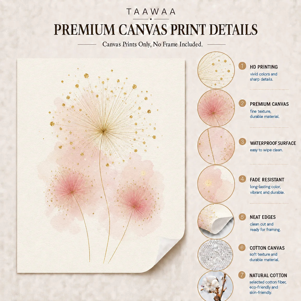 Nordic Dandelion Wall Art Pink Gold Floral Canvas Painting Botanical Poster Print Living Room Wall Decor Peaceful Pleasures Health and Wellness