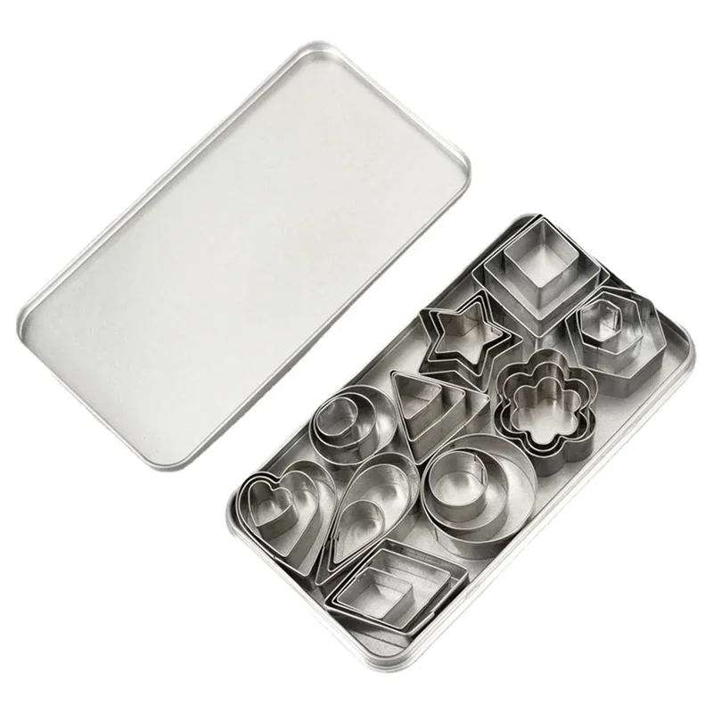 30-Piece Mini Geometric Cookie Cutter Set – 430 Stainless Steel, 10 Shapes, 3 Sizes, Tin Storage Box