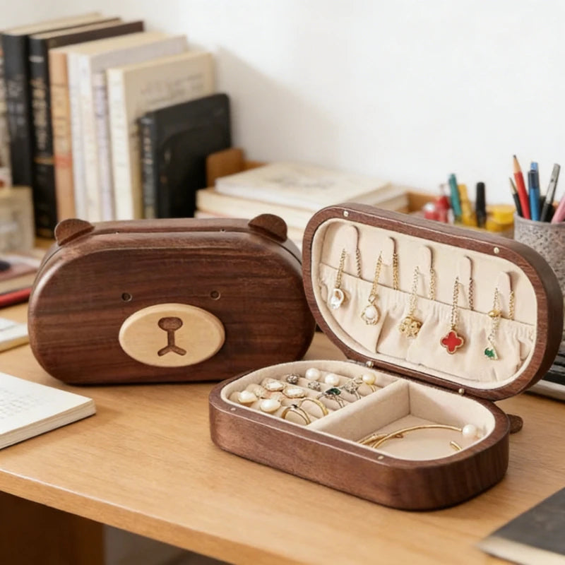 Solid Wood Bear Jewelry Boxes Small Exquisite Ring Necklace Storage Box Portable Jewelry Organizer Cute Home Desktop Decoration Peaceful Pleasures Health and Wellness