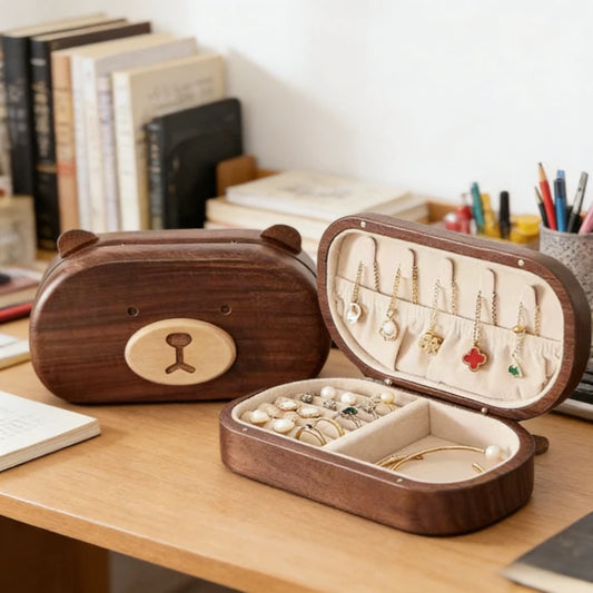 Solid Wood Bear Jewelry Boxes Small Exquisite Ring Necklace Storage Box Portable Jewelry Organizer Cute Home Desktop Decoration Peaceful Pleasures Health and Wellness