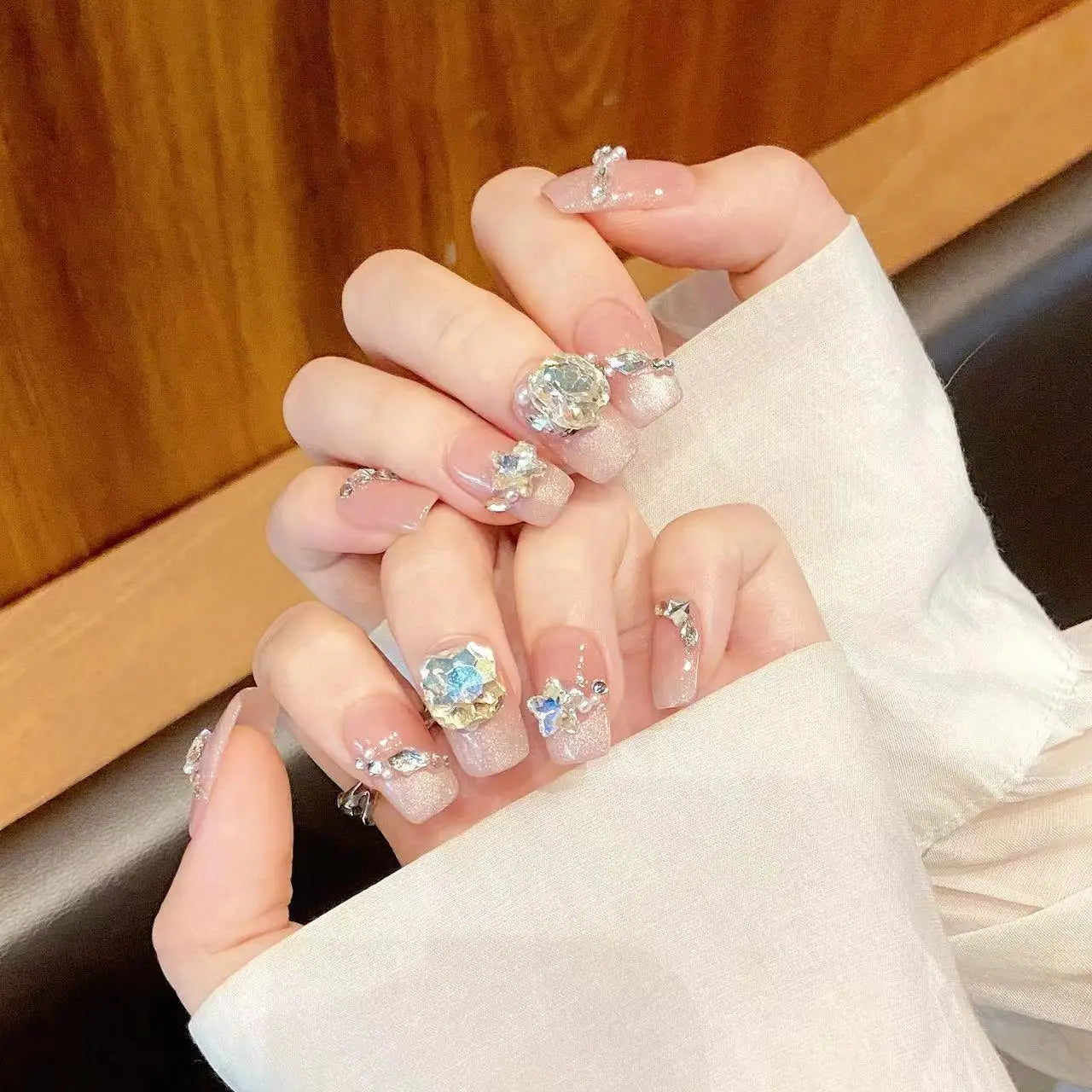 Handmade Press on Nails French Cat Eye Pink Sweet Fake Nails with Large Crystal Design Wearable Korean Style False Nail Tips Peaceful Pleasures Health and Wellness XS 1