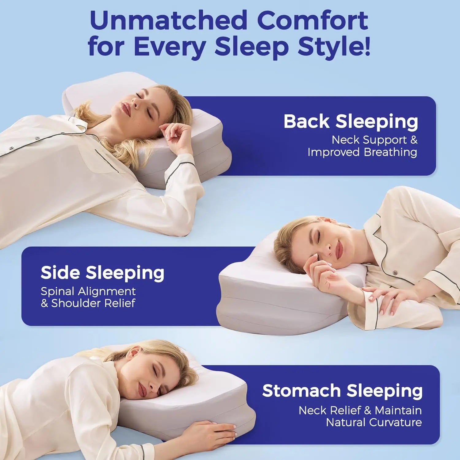Three people sleeping on a pillow with text describing comfort for different sleep positions.