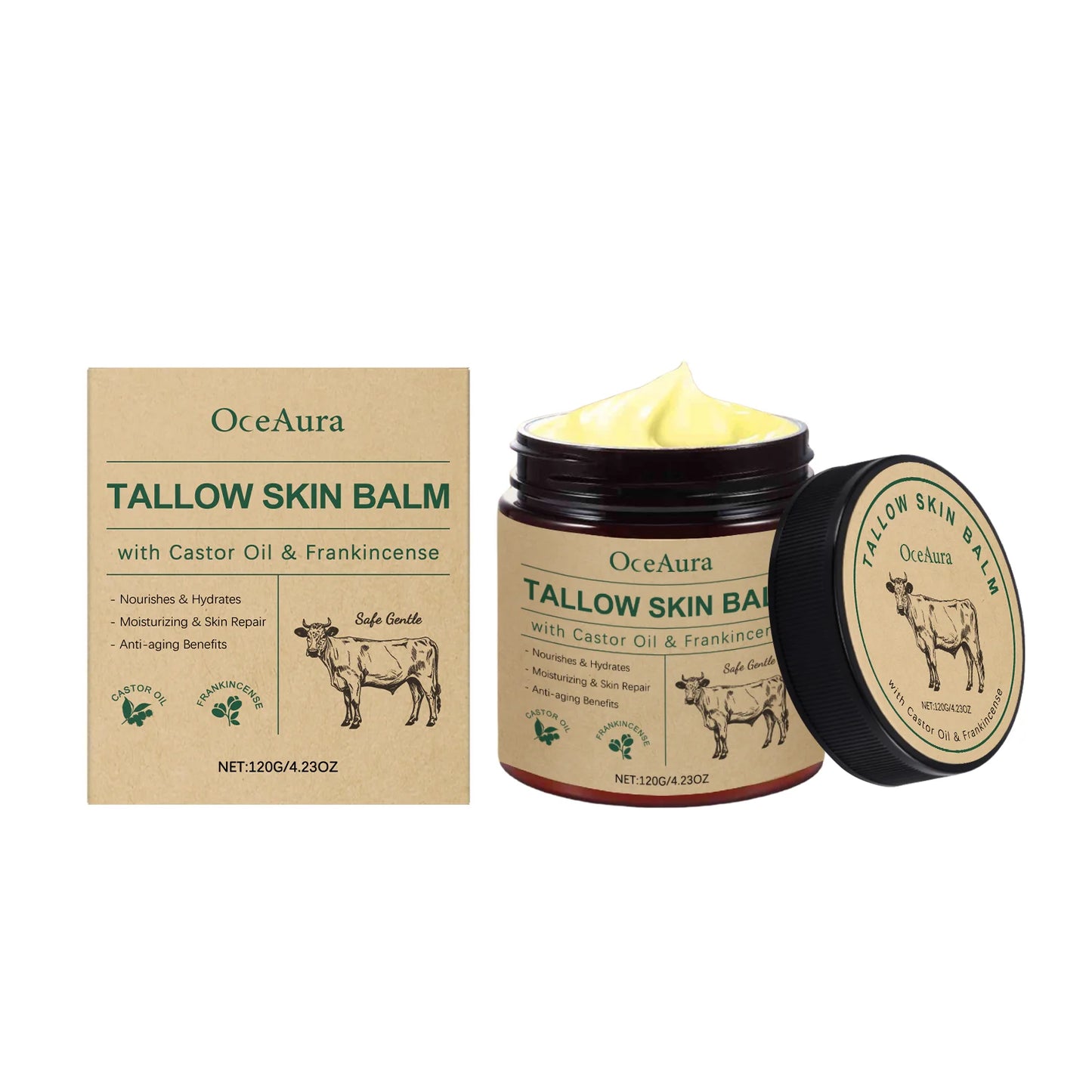 Beef Tallow Moisturizing Balm Wrinkle Remover Brightening Firming Smoothing Repair Fade Fine Lines Soft Facial Nourishing Cream Peaceful Pleasures Health and Wellness 120g boxed