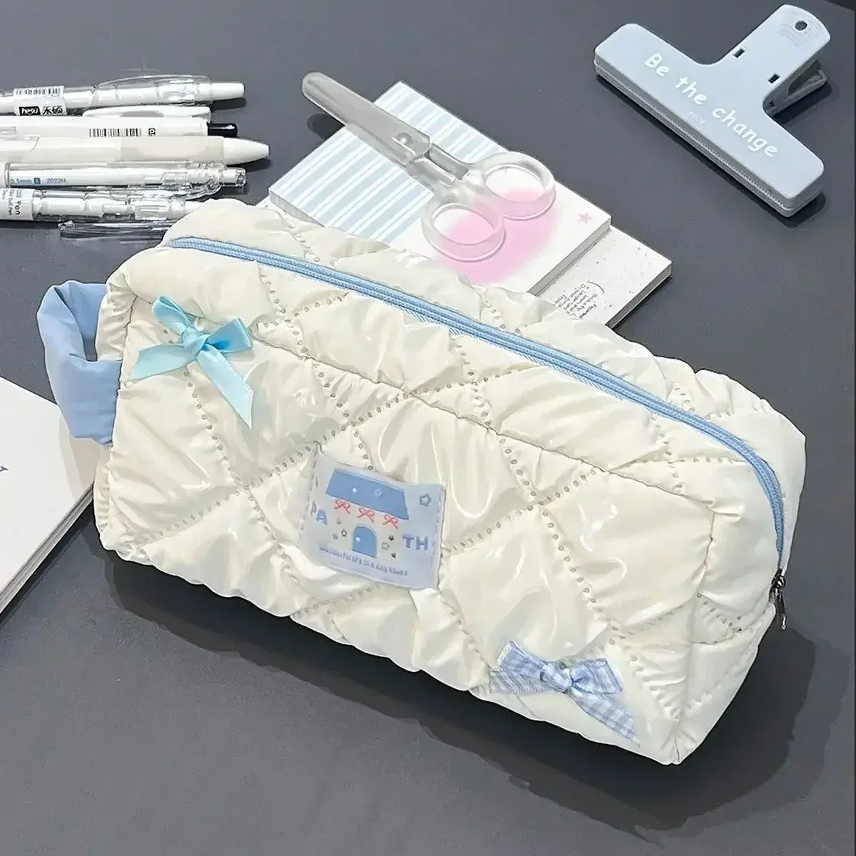 Blue White Bow Pencil Bag Large Capacity Stationery Bag Travel Storage Bag Women'S Cosmetic Bags Cute Design Girls Pencil Case Peaceful Pleasures Health and Wellness WHITE