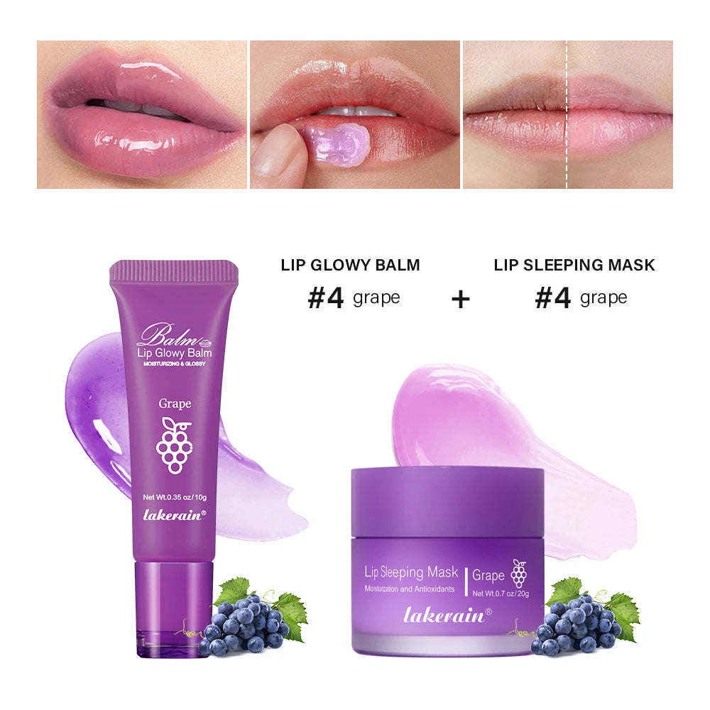 Moisturizing Lip Care Kit Lip Glowly Balm Sleeping Lip Mask Deep Hydrate Night Sleep Mask Reduce Lip Lines Remove Dead Skin Peaceful Pleasures Health and Wellness grape