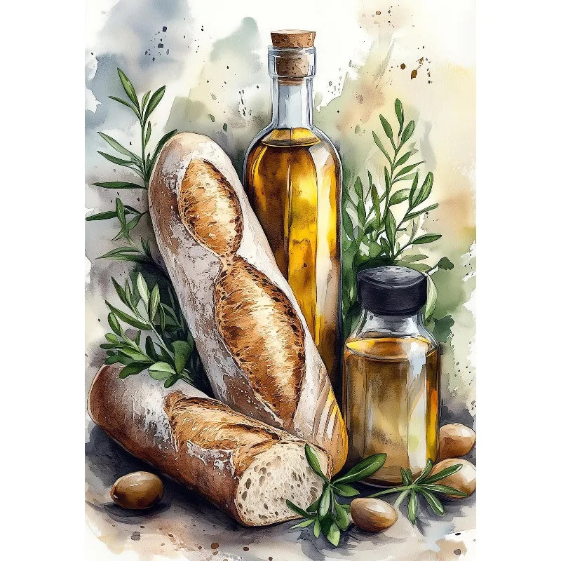 Watercolor Wine Cheese Olive Oil Kitchen Food Painting Rustic Artwork Aesthetic Canvas Poster Wall Pictures Home Farmhouse Decor Peaceful Pleasures Health and Wellness 6 50x70cm Unframed