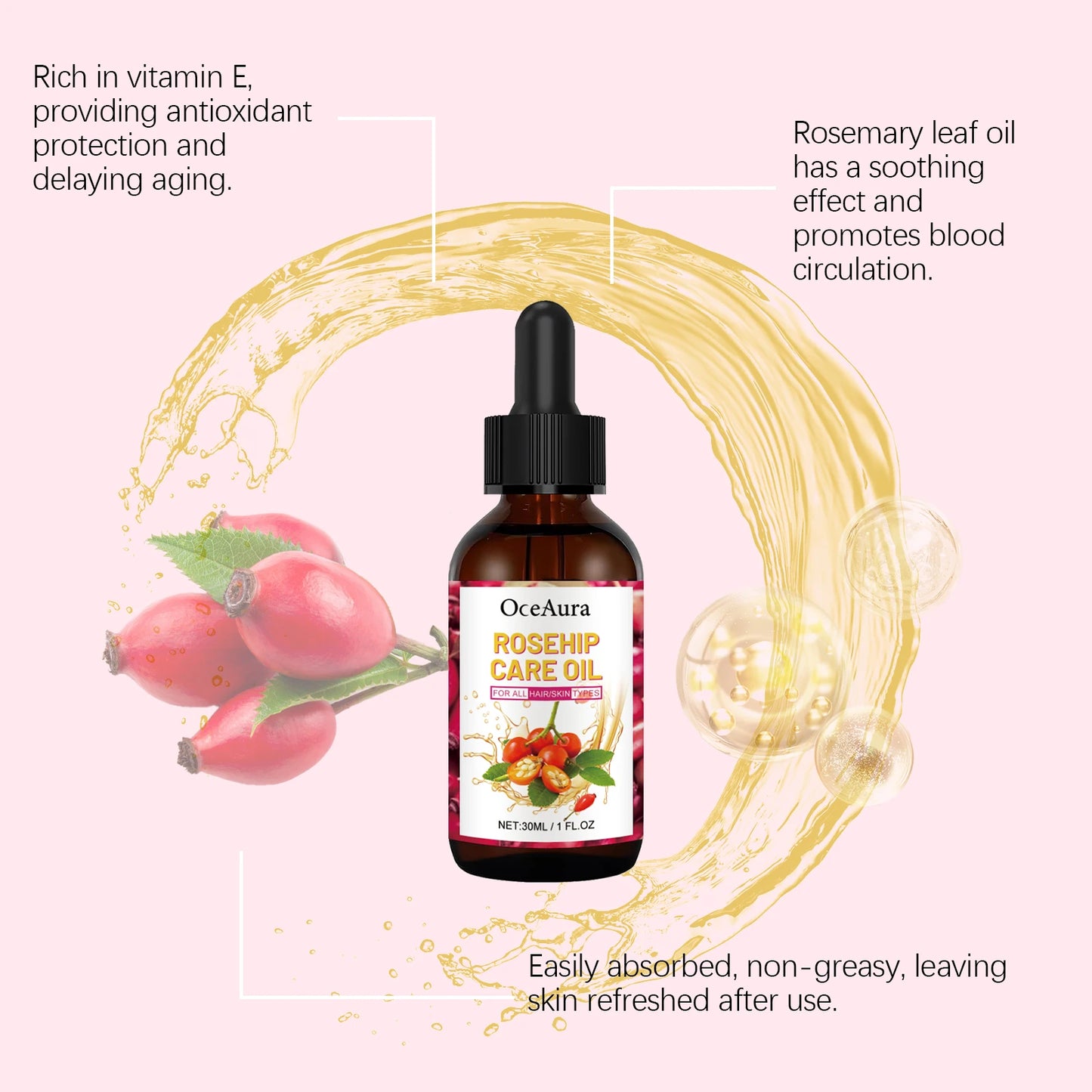 OceAura Rosehip Dry Oil – Face, Hair & Body Moisturizer 30ml