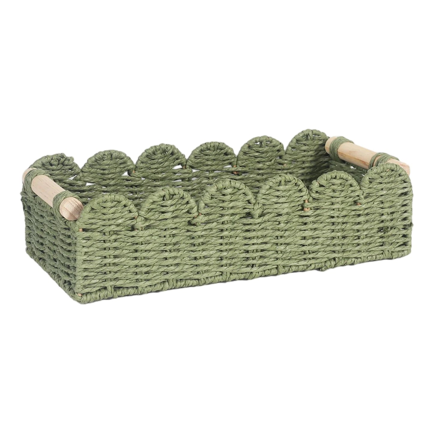 Scalloped Paper Rope Woven Basket with Wooden Handles