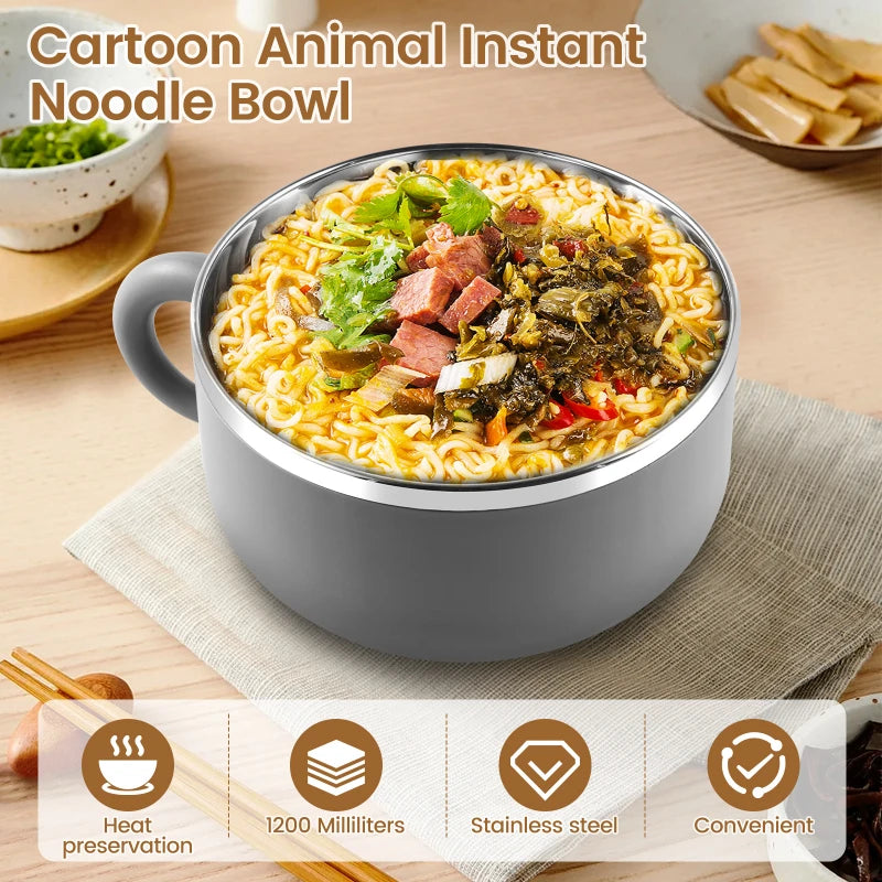 1200ml Ramen Bowl With Lid Stainless Steel Instant Noodle Cooker Fruit Salad Rice Soup Bowl Large Lunch Box Kitchen Accessories Peaceful Pleasures Health and Wellness