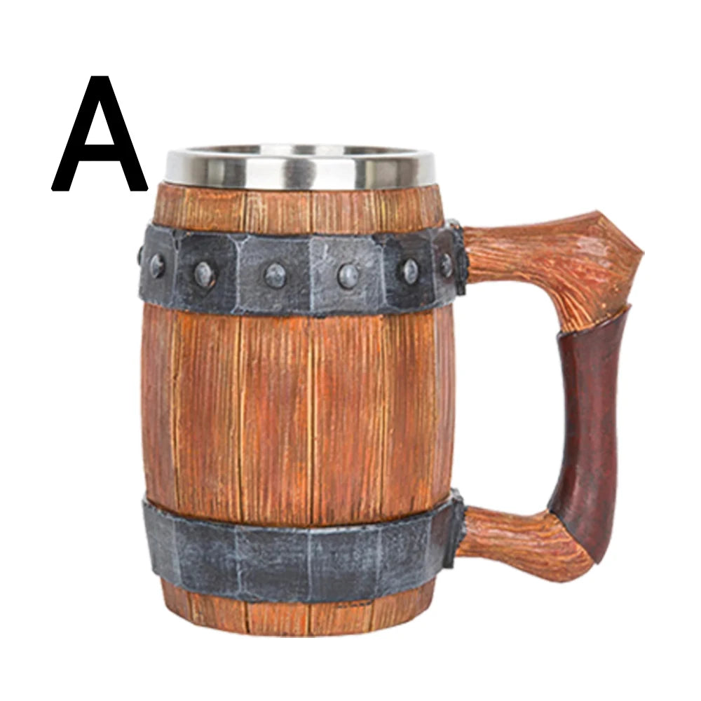 Wooden Barrel Beer Cup Stainless Steel Coffee Mug Viking Style Vintage Beer Mug Double Wall Drinking Cup Halloween Bar Drinkware Peaceful Pleasures Health and Wellness A 600ml