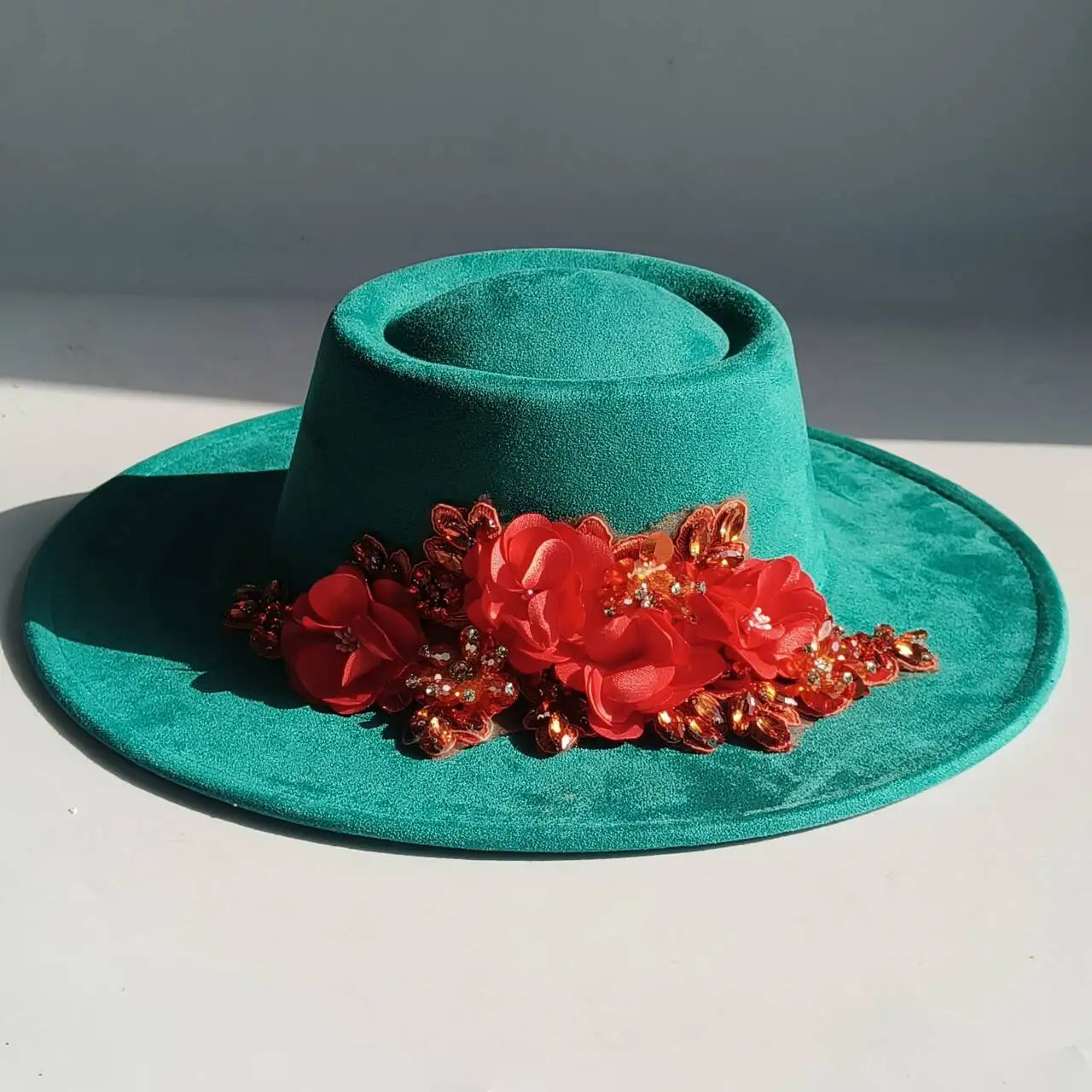 Vegan Suede Fedora Hat | Rhinestone Wide Brim Pork Pie