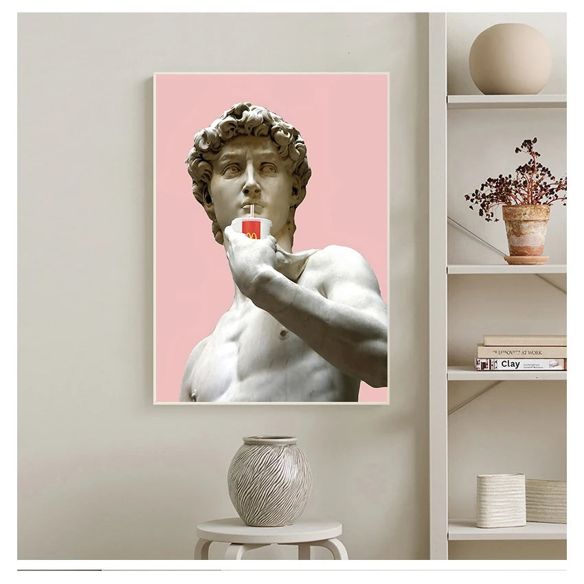 Vaporwave David Statue Canvas Wall Art | Modern Unframed Poster
