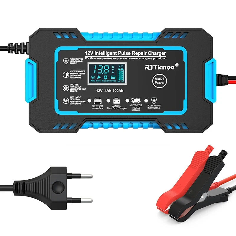 Hot Sell Car Battery Charger 12V 6A Touch Screen Pulse Repair LCD Fast Power Charging Wet Dry Lead Acid Digital LCD Display Peaceful Pleasures Health and Wellness Blue EU plug