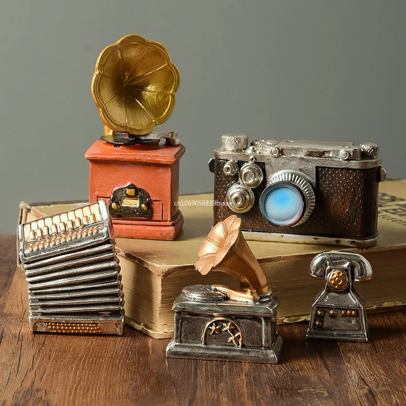 Retro Resin Phonograph Mini Ornament Nostalgic Home Decor Craft Photography Prop Camera Accessories Small Figurine fairy garden Peaceful Pleasures Health and Wellness