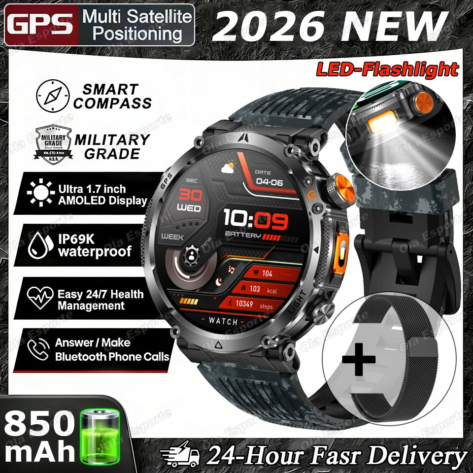 2026 Military Outdoor Smart Watch Men Dual-Frequency High-Precision Positioning Compass Sports IP68 Waterproof GPS Smartwatch Peaceful Pleasures Health and Wellness Bkmicai22BkMilan