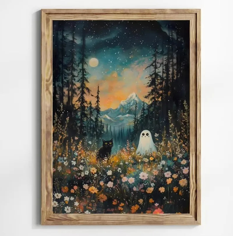 Retro Ghost & Black Cat Halloween Canvas Wall Art Poster Canvas Wall Art Print Peaceful Pleasures Health and Wellness ZLH5314 40x60cm No Frame