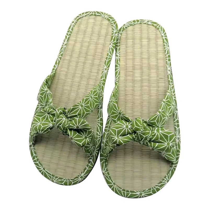 Women's Bohemian Flat Slide Sandals | Bow Rattan Beach Slippers