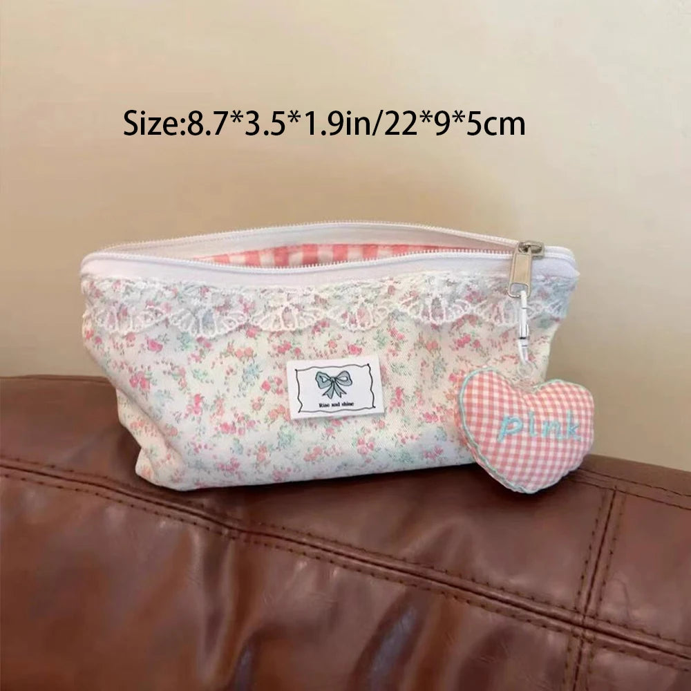 Fresh Lace Pink Floral Bow Pencil Case Ins Student Stationery Storage