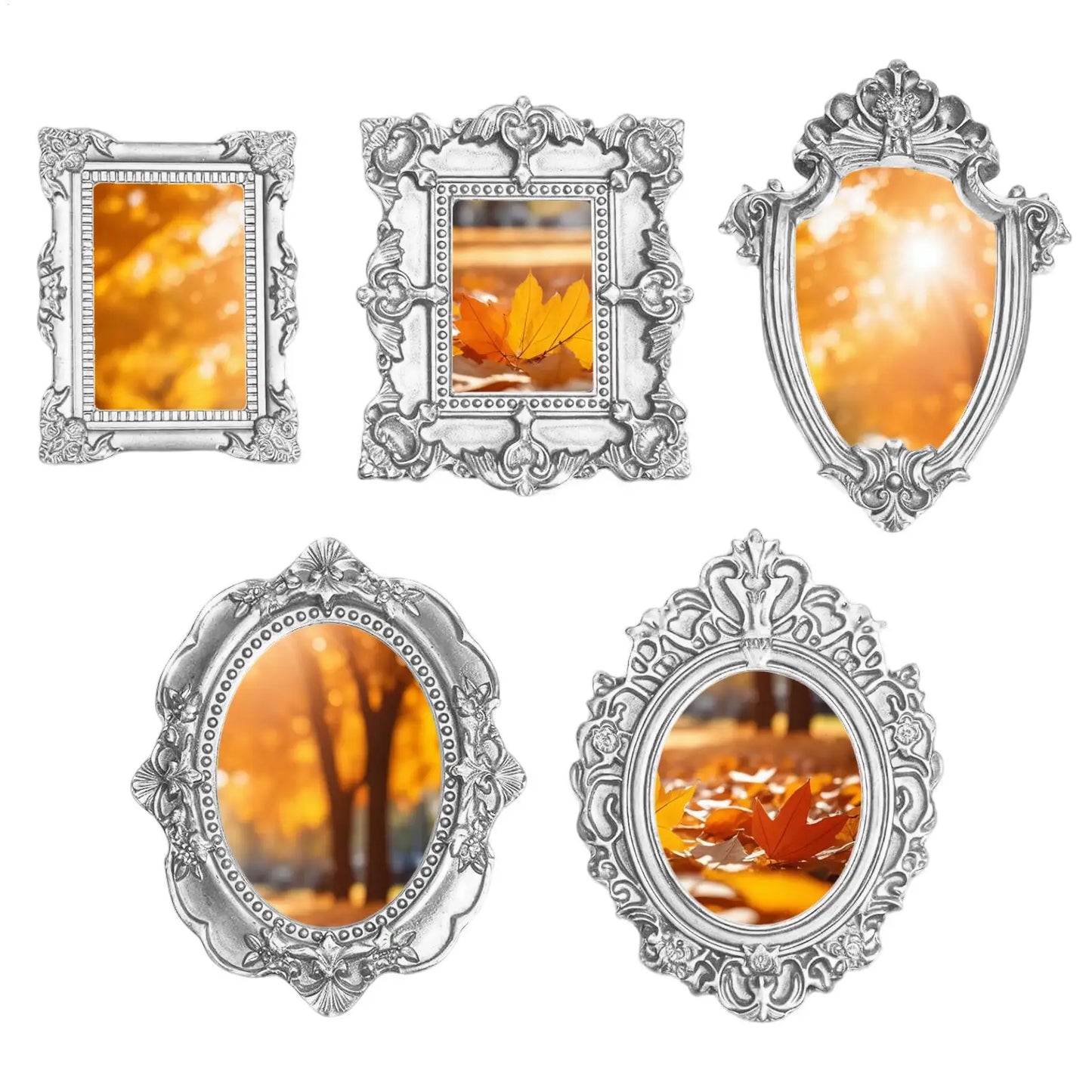 5-Piece Baroque Miniature Photo Frames | Retro Silver Resin Set