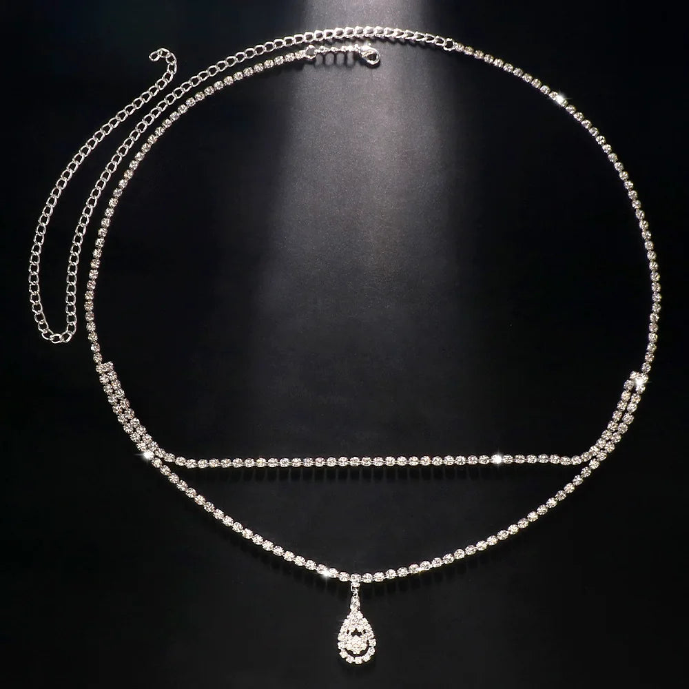 Rhinestone Heart Belly Chain | Double Row Crystal Waist Belt Belly Chain Jewelry Peaceful Pleasures Health and Wellness Silver