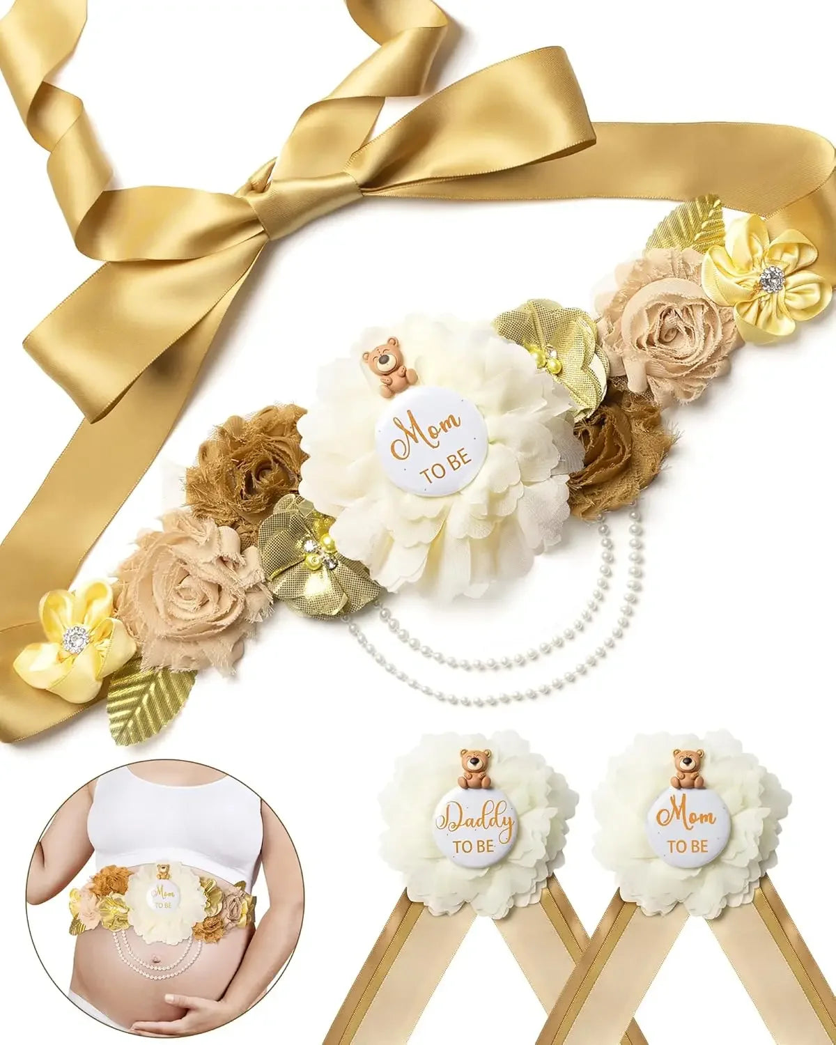 Flower Maternity Sash Set – Baby Shower Mom & Dad Corsage Pin
