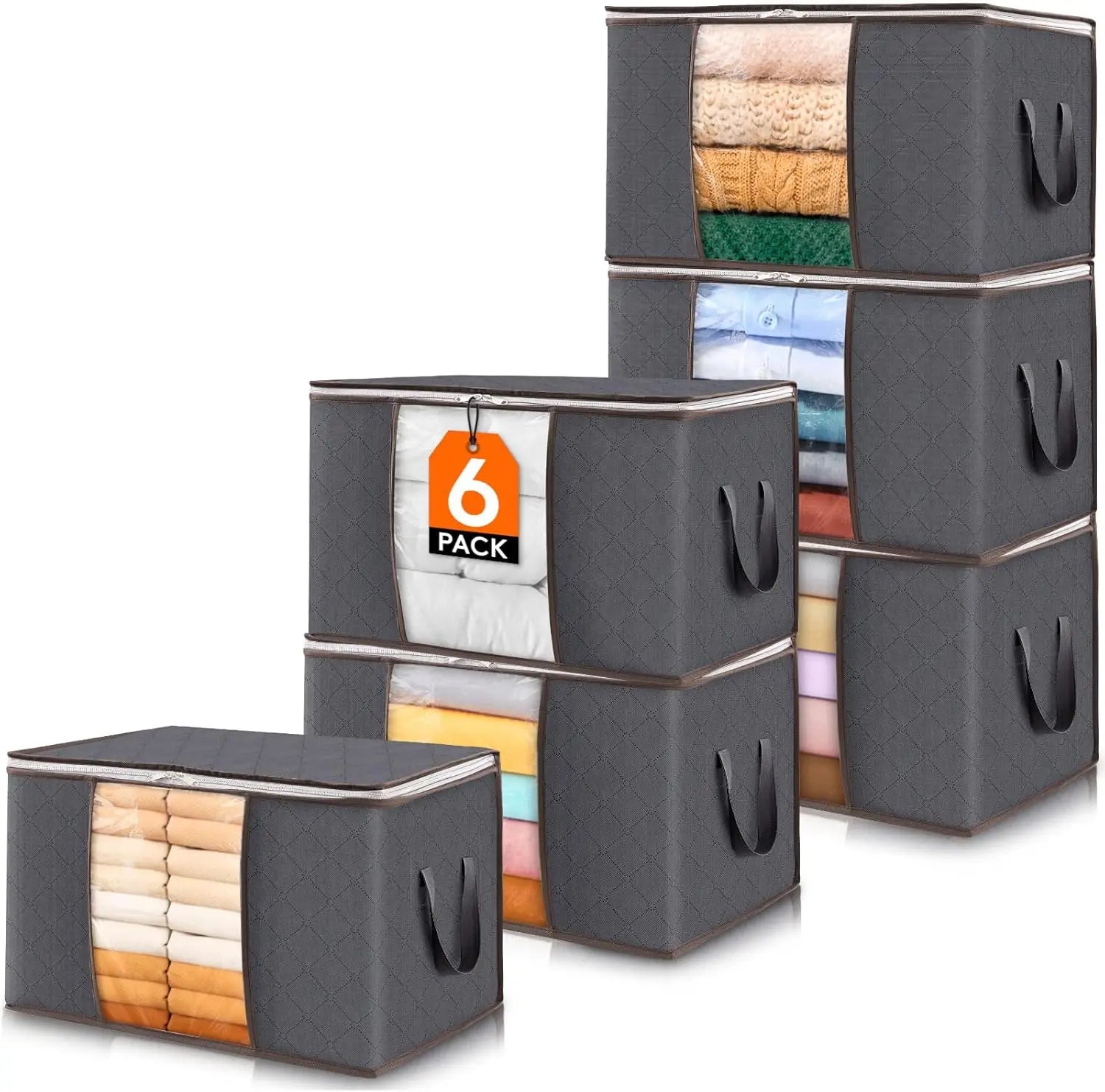 Set of gray storage boxes with folded clothes inside, labeled as a 6-pack on a white background.