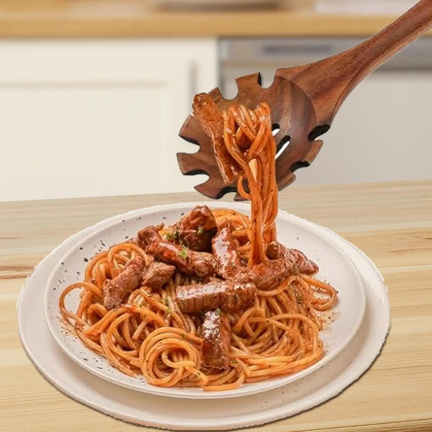 Wooden Pasta Fork & Spaghetti Server Spoon | Kitchen Tool