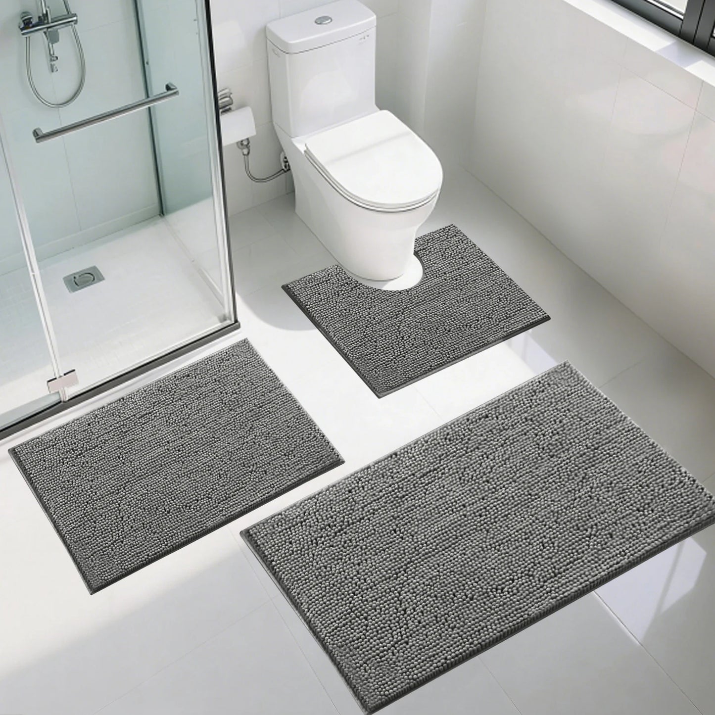 Non Slip Chenille Bath Mat Soft & Anti Mould Bath Mats Water Absorbent Quick Drying Bathroom Carpet U-Shaped Toilet Mat Peaceful Pleasures Health and Wellness Dark Grey 3PCS