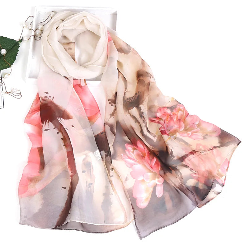 Women's Ink Lotus Chiffon Scarf – Lightweight Floral Print