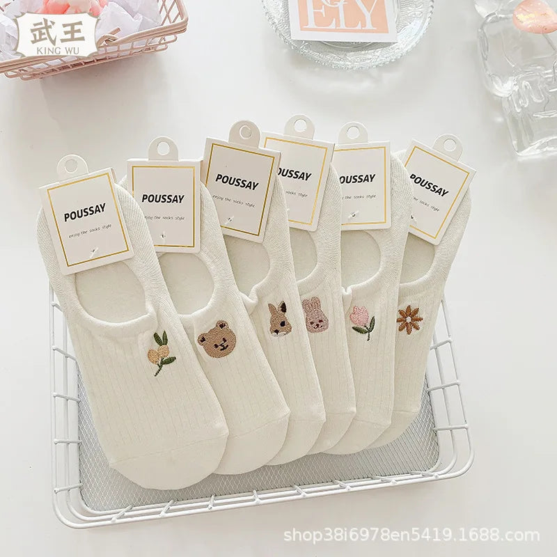 Socks Set 10 Pairs Toe Socks Women's Cotton Ankle Stockings Summer Breathable Versatile White Socks Cute Cartoon Pattern Peaceful Pleasures Health and Wellness