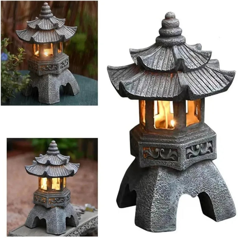Solar Chinese Stone Tower Garden Light – Resin Courtyard Sculpture