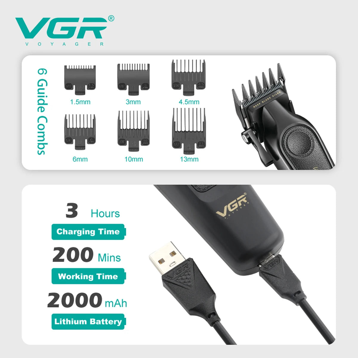 VGR Electric Hair Clipper 2-piece Set Men's Oil Head Carving Electric Push Leather Metal Body Powerful Power Machine V-197&995 Peaceful Pleasures Health and Wellness