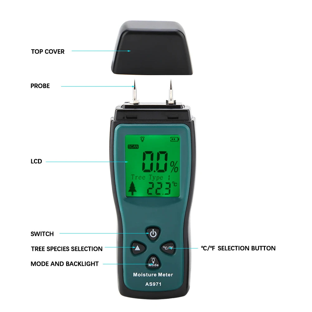 Digital Wood Moisture Tester Wood Moisture Tester SMART SENSOR AS971 LCD Display Digital Wood Moisture Humidity Tester 0~40℃ Peaceful Pleasures Health and Wellness
