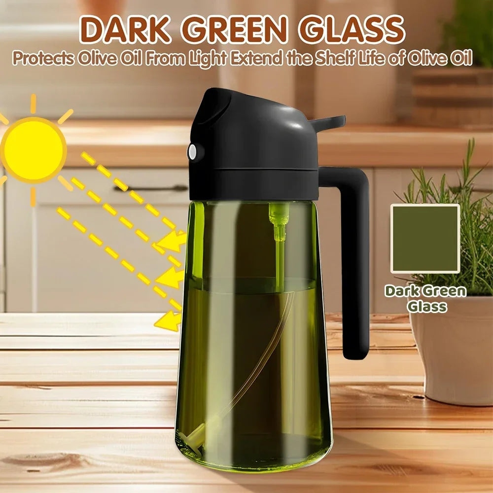 2 in 1 470ML/16oz Light-Blocking Dark Oil Sprayer for Cooking Olive Oil Dispenser Bottle for Kitchen Dark Green Glass Oil Bottle Peaceful Pleasures Health and Wellness